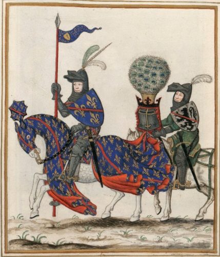 Fig. 1 : Louis II de Bourbon accompagné de son écuyer vers 1375. Copie du XVIIe siècle d’une représentation disparue par Gaignières (Paris, BnF, ms fr 2008 p12).