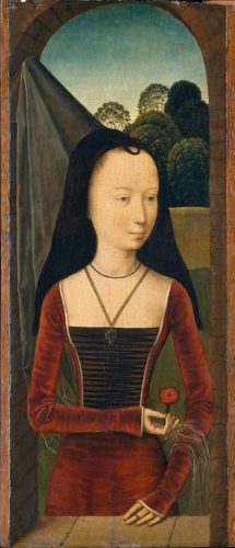 Fig. 2 : Jeune femme avec une rose par Hans Memling, vers 1480, huile sur toile, partie de dytique (New York, Metropolitan Museum of Art).
