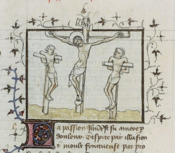 Fig. 1 : Crucifixion en présence des deux larrons, miniature de la Légende dorée, XVe siècle (Paris, BnF, Français 184 f.97).