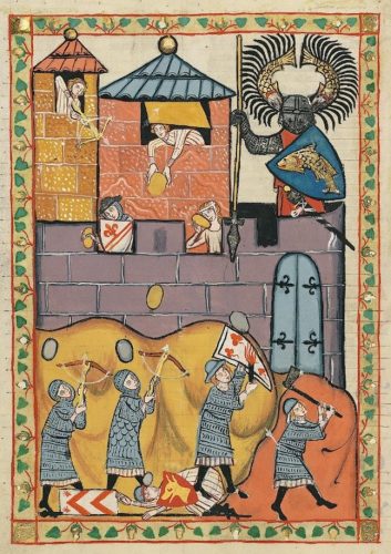 Fig. 2 : arbalétriers à l’œuvre lors d’un siège, miniature du Codexe Manesse, vers 1300-1340 (Bibliothèque de l’université de Heidelberg, Cod. Pal. Germ. 848 f.229v).