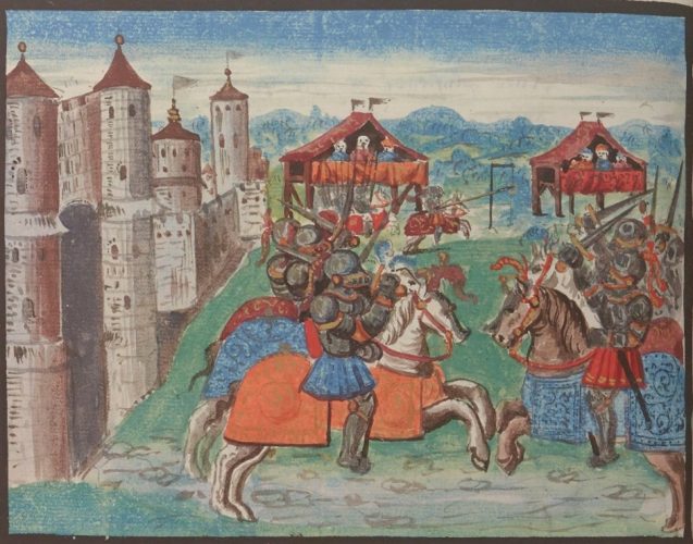 Fig. 2 : scène de tournoi, miniature du Tournoi de Chambly et Bailleul-sur-Cire, XVIe siècle (Paris, BnF, Français 1436 f.129v).