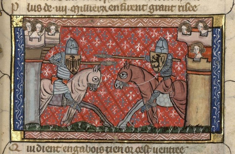 Fig. 1 : miniature du Vœux du paon, XIVe siècle (Paris, BnF, Français 12565 f.112).