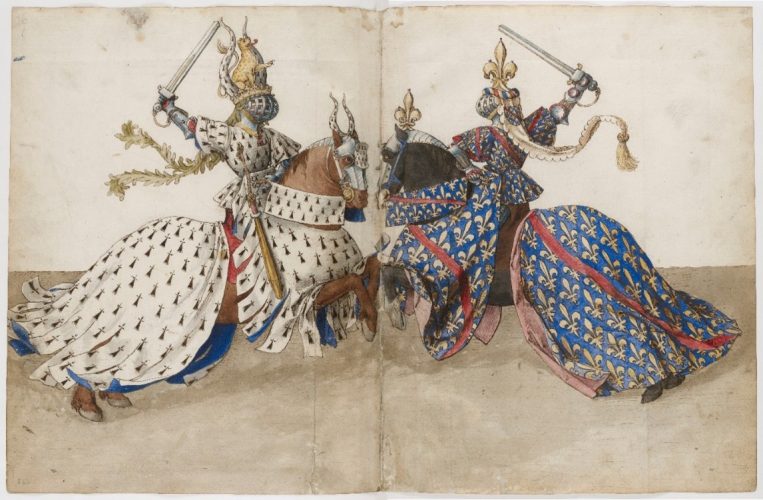 Fig. 2 : combat entre le duc de Bretagne et le duc de Bourbon, miniature du Traité de la forme et devis comme on peut faire les tournois, XVe siècle (Paris, Français 2695, f.45v-46r).